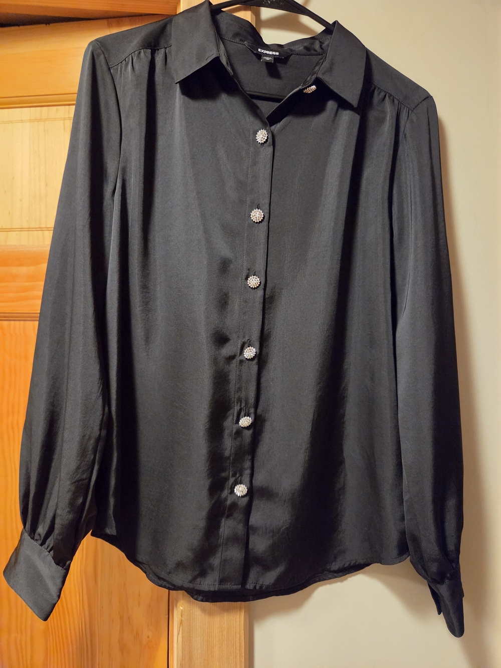 Express Black Satin Button-Down Shirt with Rhinestone Buttons